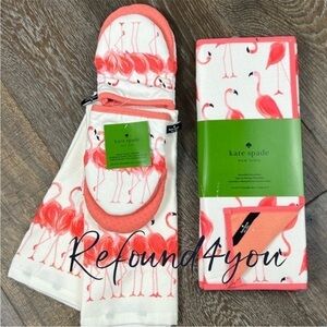 Kate Spade - ‘Flamingos bundle’ dish towels, mitts, drying mats. NWT Firm!